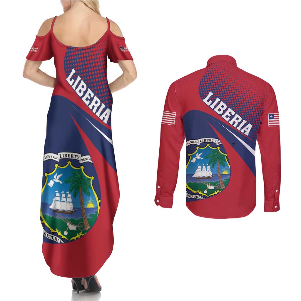 Liberia Coat Of Arms Couples Matching Summer Maxi Dress and Long Sleeve Button Shirt Red Version - Wonder Print Shop