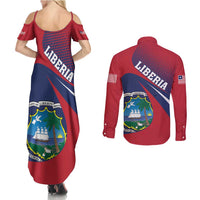 Liberia Coat Of Arms Couples Matching Summer Maxi Dress and Long Sleeve Button Shirt Red Version - Wonder Print Shop