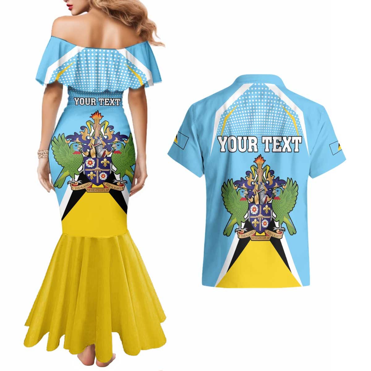 Personalized Saint Lucia Coat Of Arms Couples Matching Mermaid Dress and Hawaiian Shirt Sent Lisi Flag Style - Wonder Print Shop