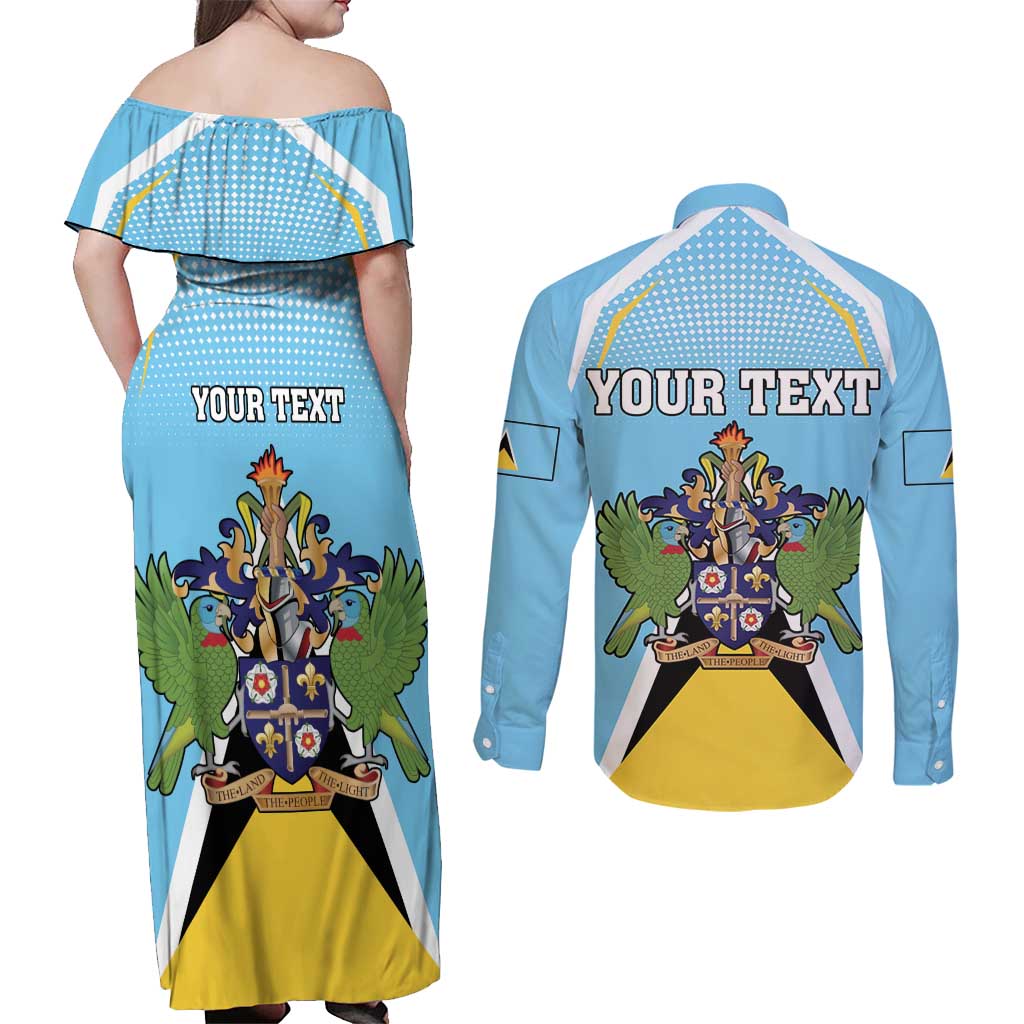Personalized Saint Lucia Coat Of Arms Couples Matching Off Shoulder Maxi Dress and Long Sleeve Button Shirt Sent Lisi Flag Style - Wonder Print Shop