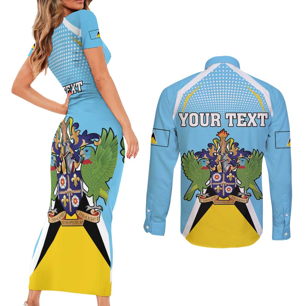 Personalized Saint Lucia Coat Of Arms Couples Matching Short Sleeve Bodycon Dress and Long Sleeve Button Shirt Sent Lisi Flag Style - Wonder Print Shop