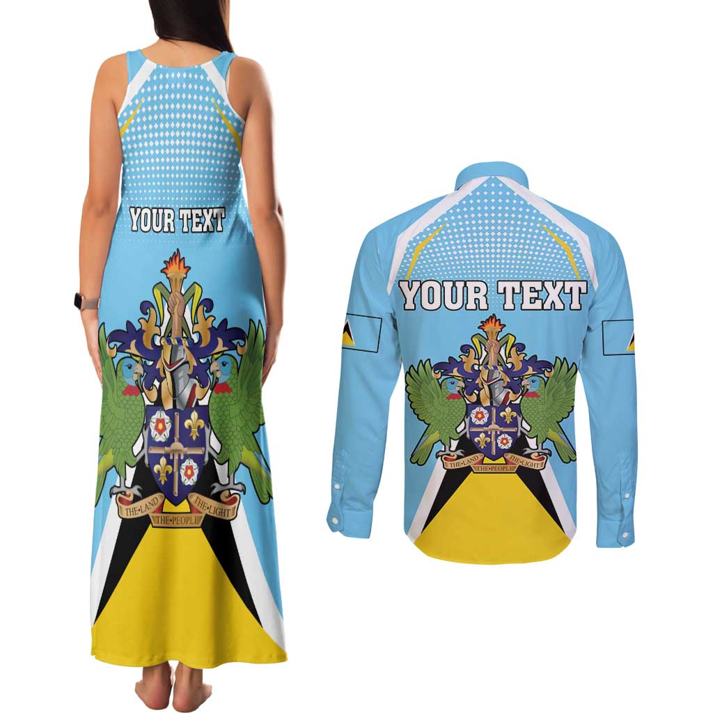 Personalized Saint Lucia Coat Of Arms Couples Matching Tank Maxi Dress and Long Sleeve Button Shirt Sent Lisi Flag Style - Wonder Print Shop