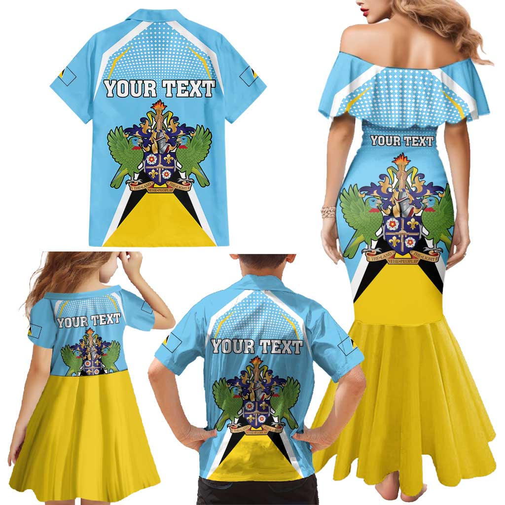 Personalized Saint Lucia Coat Of Arms Family Matching Mermaid Dress and Hawaiian Shirt Sent Lisi Flag Style - Wonder Print Shop