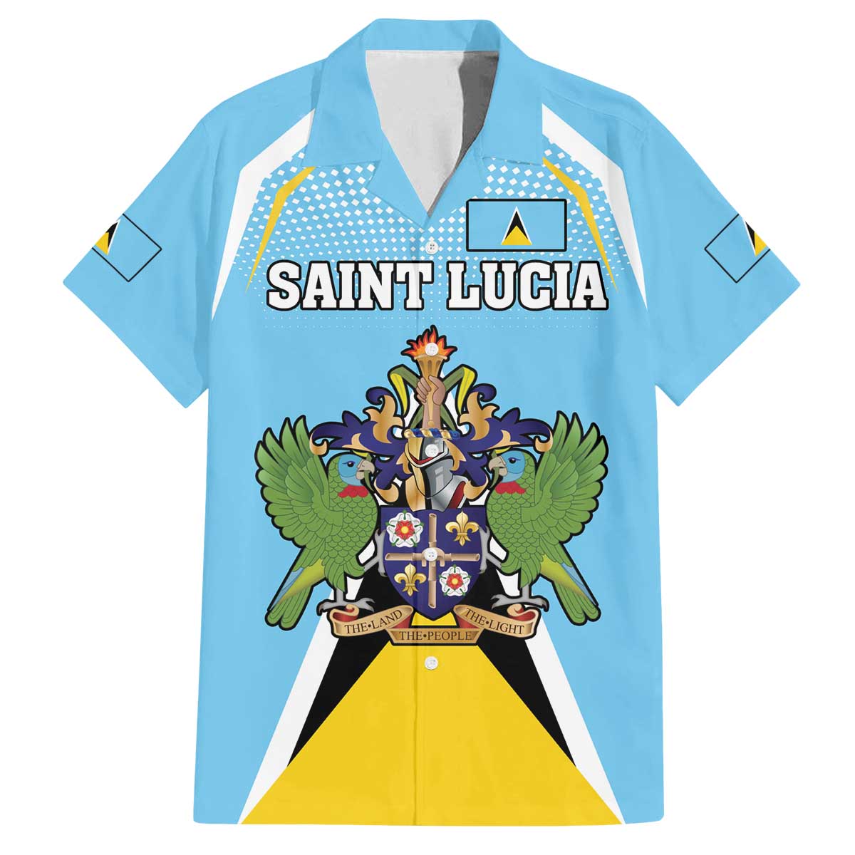 Personalized Saint Lucia Coat Of Arms Family Matching Off The Shoulder Long Sleeve Dress and Hawaiian Shirt Sent Lisi Flag Style - Wonder Print Shop