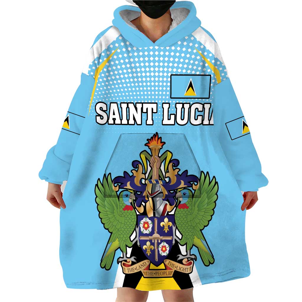 Personalized Saint Lucia Coat Of Arms Wearable Blanket Hoodie Sent Lisi Flag Style - Wonder Print Shop
