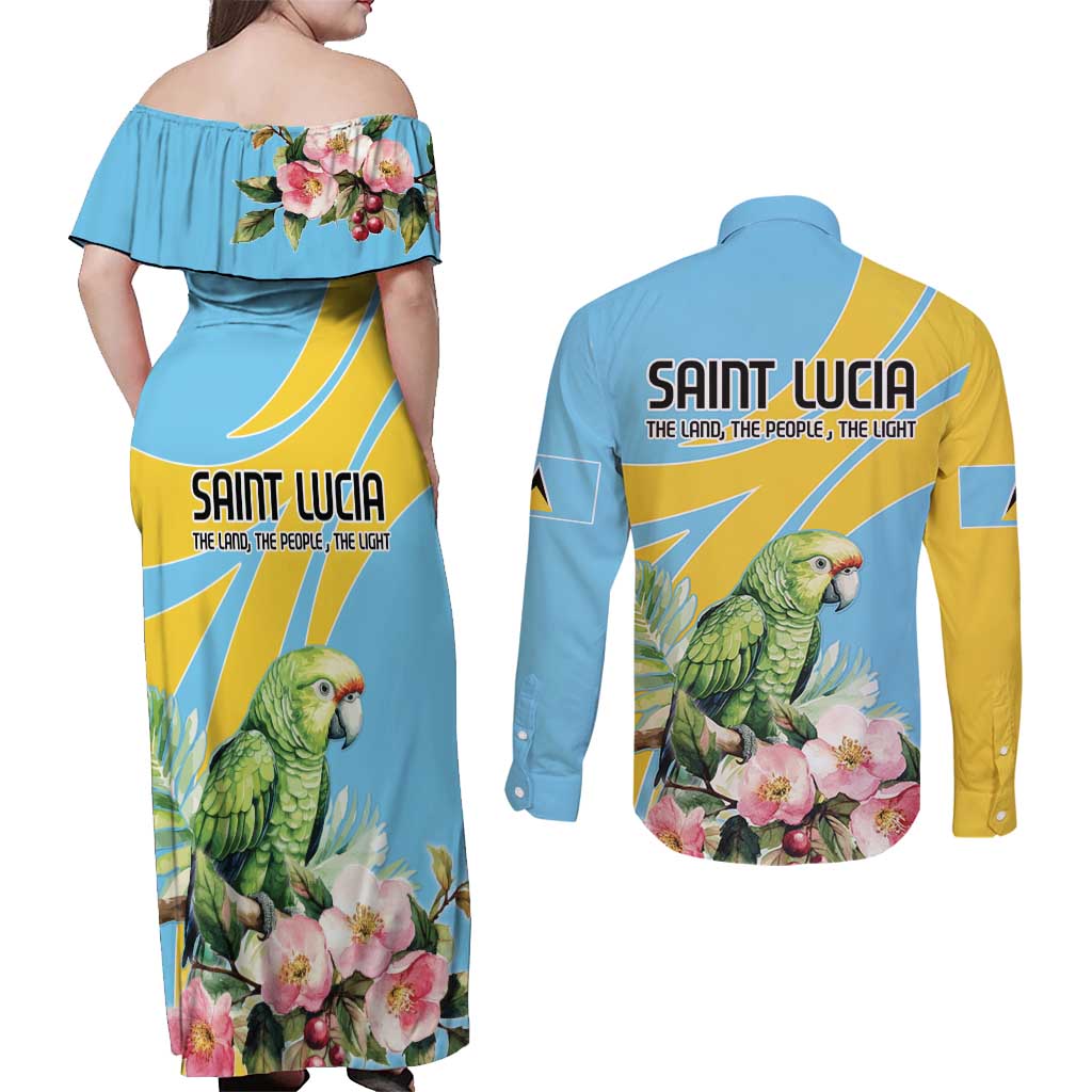 Saint Lucia Rosa Rubiginosa Couples Matching Off Shoulder Maxi Dress and Long Sleeve Button Shirt With Sent Lisi Parrot - Wonder Print Shop