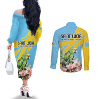 Saint Lucia Rosa Rubiginosa Couples Matching Off The Shoulder Long Sleeve Dress and Long Sleeve Button Shirt With Sent Lisi Parrot