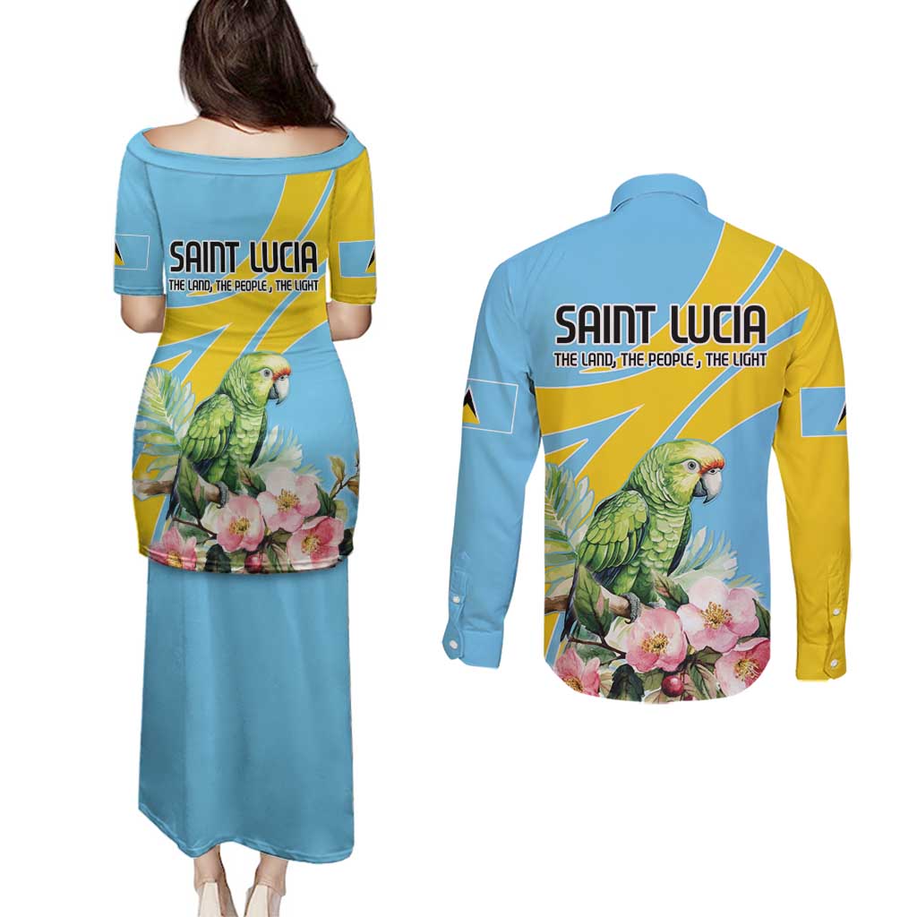 Saint Lucia Rosa Rubiginosa Couples Matching Puletasi and Long Sleeve Button Shirt With Sent Lisi Parrot - Wonder Print Shop