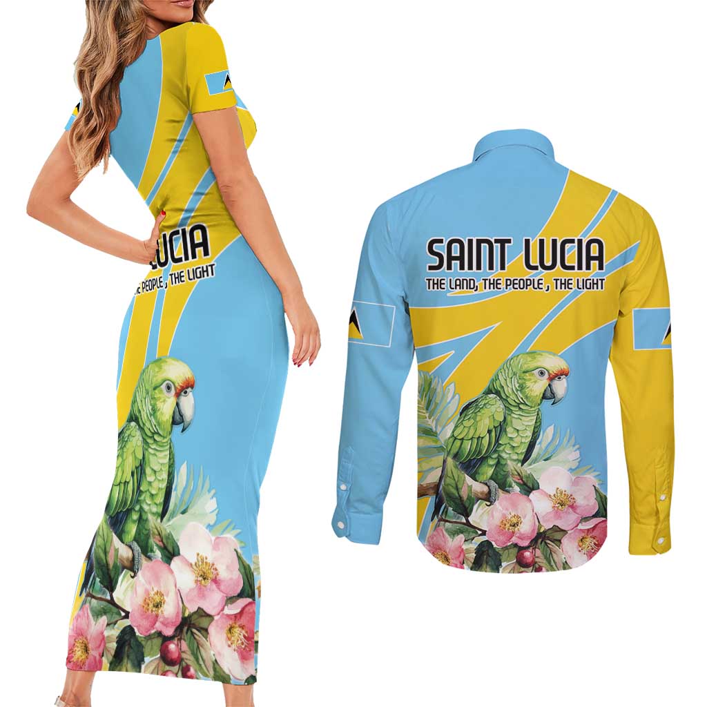 Saint Lucia Rosa Rubiginosa Couples Matching Short Sleeve Bodycon Dress and Long Sleeve Button Shirt With Sent Lisi Parrot - Wonder Print Shop