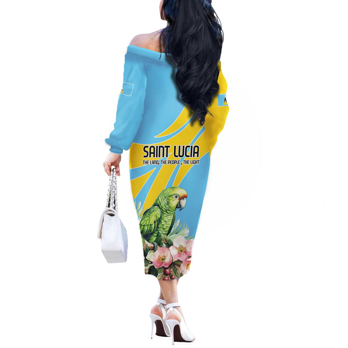 Saint Lucia Rosa Rubiginosa Off The Shoulder Long Sleeve Dress With Sent Lisi Parrot - Wonder Print Shop
