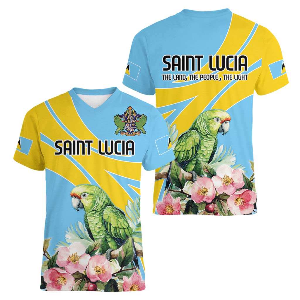 Saint Lucia Rosa Rubiginosa Women V-Neck T-Shirt With Sent Lisi Parrot - Wonder Print Shop