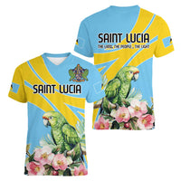 Saint Lucia Rosa Rubiginosa Women V-Neck T-Shirt With Sent Lisi Parrot - Wonder Print Shop