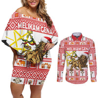 Personalized Ethiopia Christmas Couples Matching Off Shoulder Short Dress and Long Sleeve Button Shirt Lion of Judah - Melikam Gena! - Wonder Print Shop