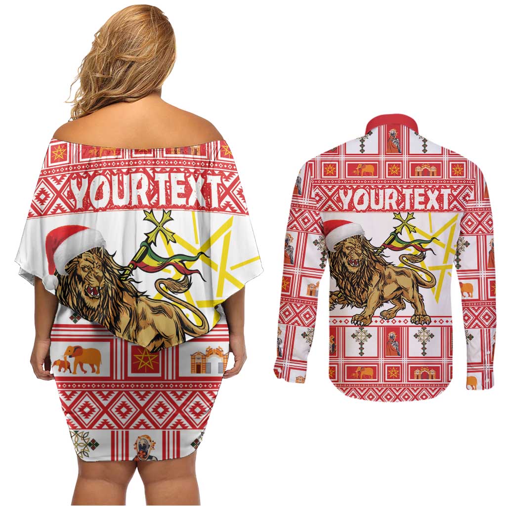 Personalized Ethiopia Christmas Couples Matching Off Shoulder Short Dress and Long Sleeve Button Shirt Lion of Judah - Melikam Gena! - Wonder Print Shop