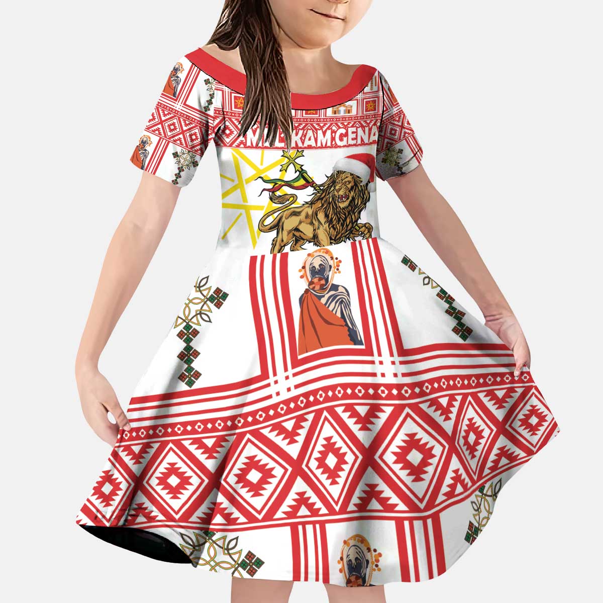 Personalized Ethiopia Christmas Kid Short Sleeve Dress Lion of Judah - Melikam Gena! - Wonder Print Shop