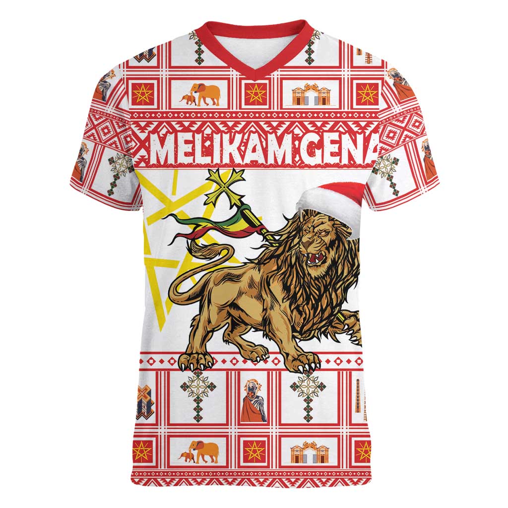 Personalized Ethiopia Christmas Women V-Neck T-Shirt Lion of Judah - Melikam Gena! - Wonder Print Shop
