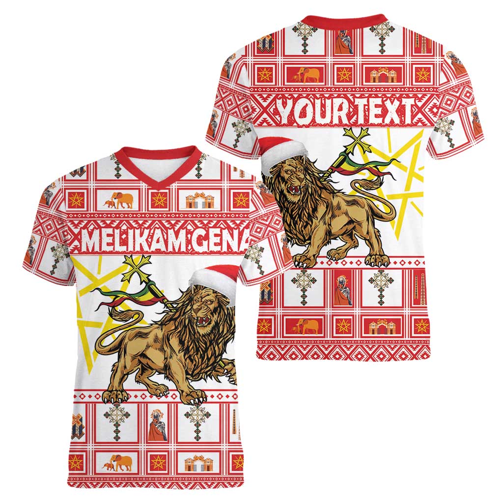 Personalized Ethiopia Christmas Women V-Neck T-Shirt Lion of Judah - Melikam Gena! - Wonder Print Shop