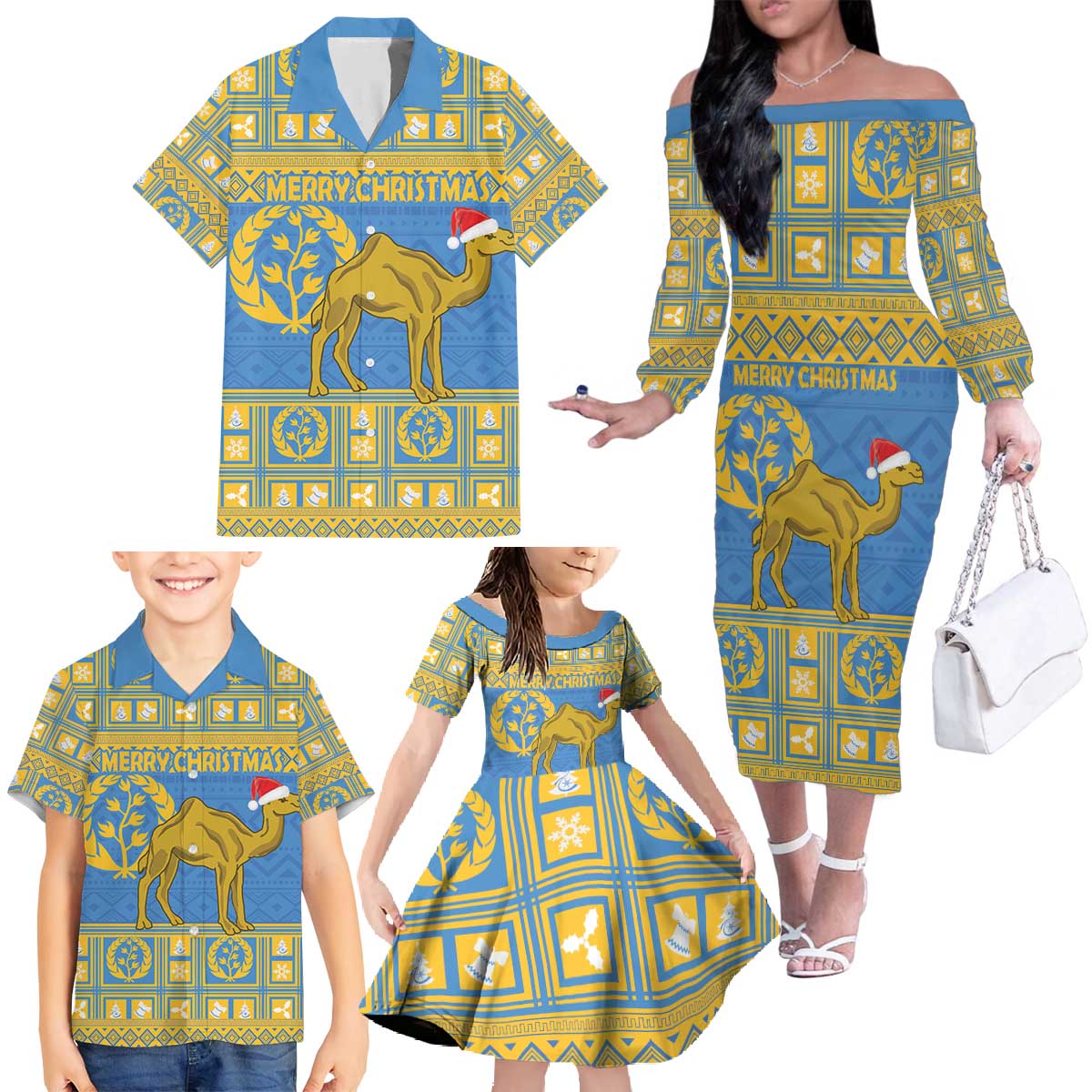 Personalized Eritrea Christmas Family Matching Off The Shoulder Long Sleeve Dress and Hawaiian Shirt Ruhus Beal Lidet - National Emblem - Wonder Print Shop