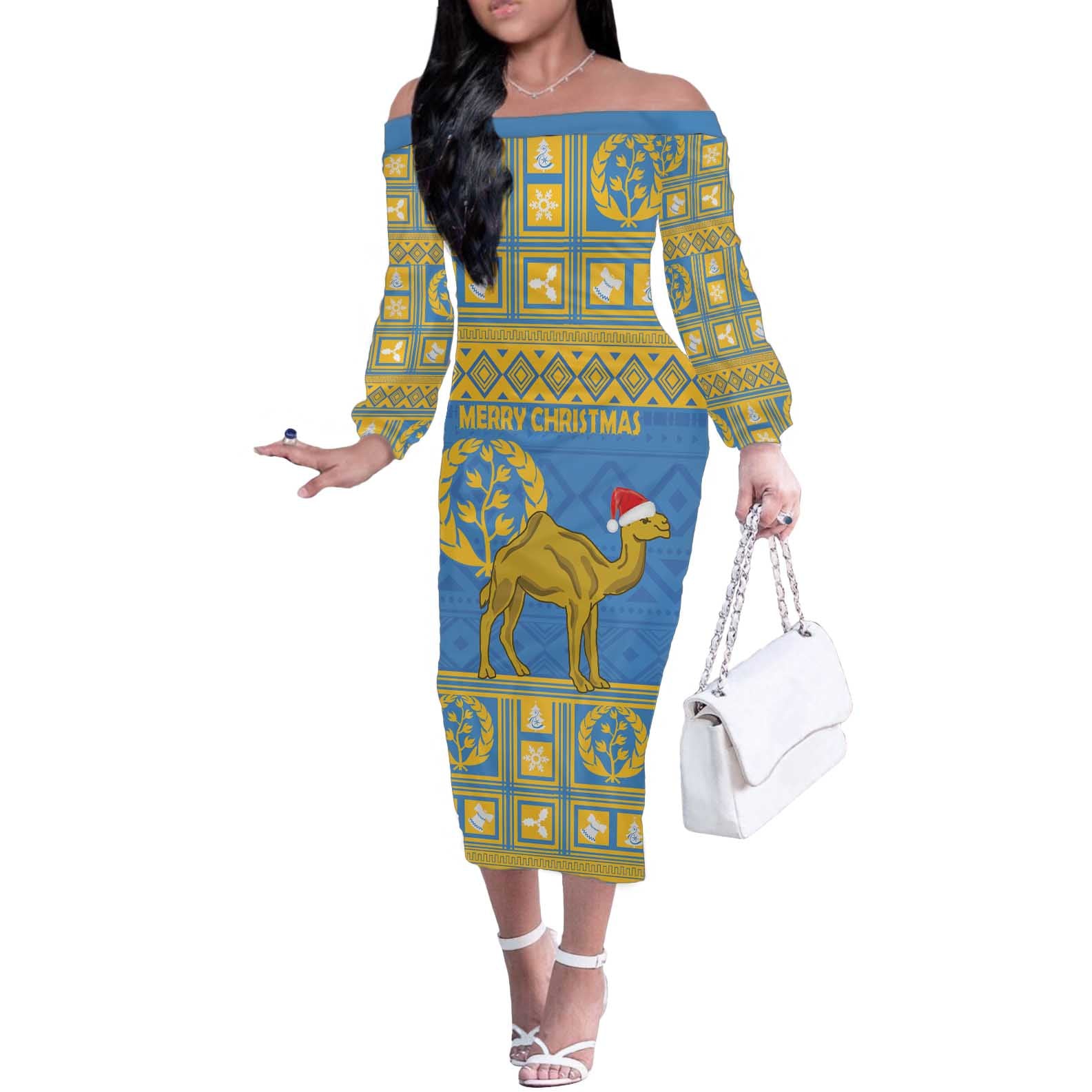 Personalized Eritrea Christmas Off The Shoulder Long Sleeve Dress Ruhus Beal Lidet - National Emblem - Wonder Print Shop