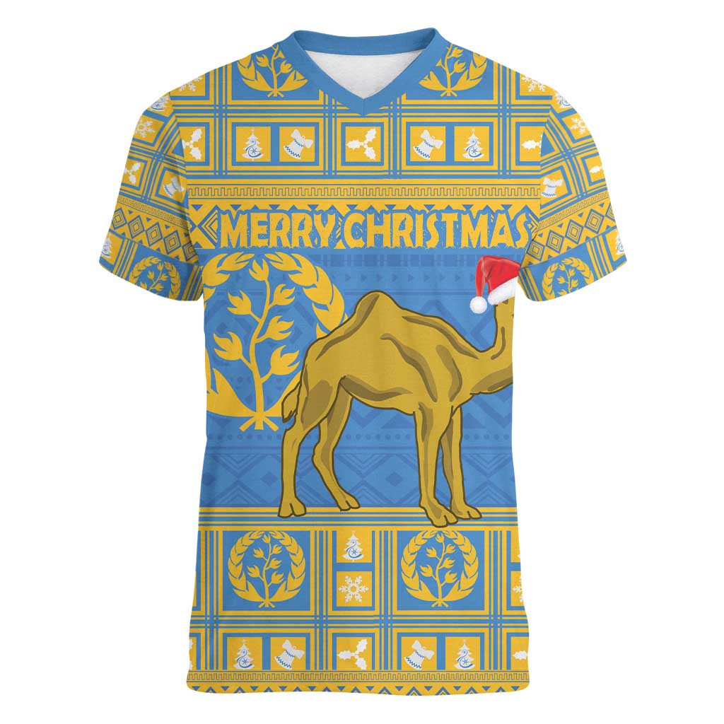 Personalized Eritrea Christmas Women V-Neck T-Shirt Ruhus Beal Lidet - National Emblem - Wonder Print Shop