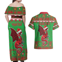 Personalized Wales Nadolig Llawen Couples Matching Off Shoulder Maxi Dress and Hawaiian Shirt Welsh Dragon Mascot - Merry Xmas - Wonder Print Shop