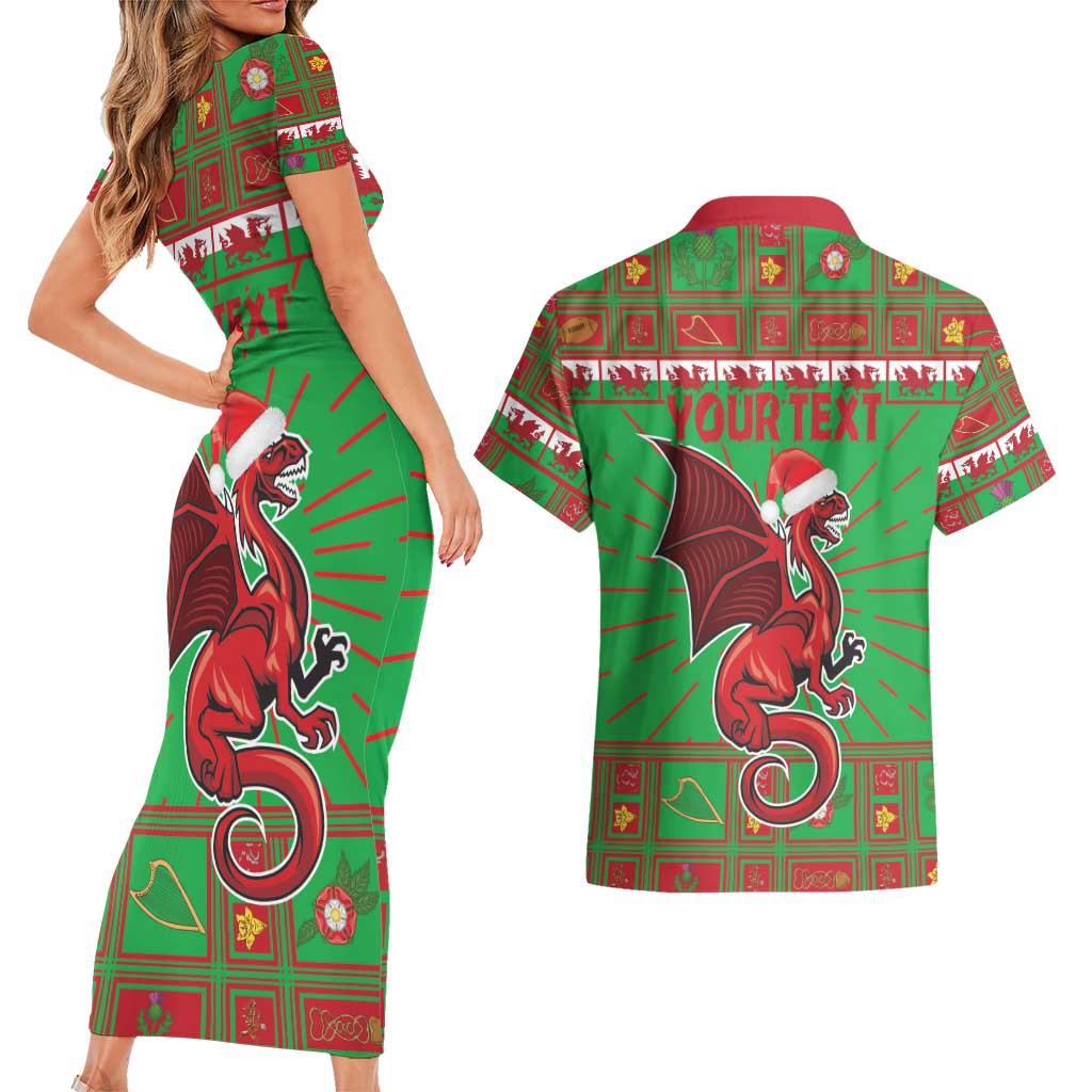 Personalized Wales Nadolig Llawen Couples Matching Short Sleeve Bodycon Dress and Hawaiian Shirt Welsh Dragon Mascot - Merry Xmas - Wonder Print Shop