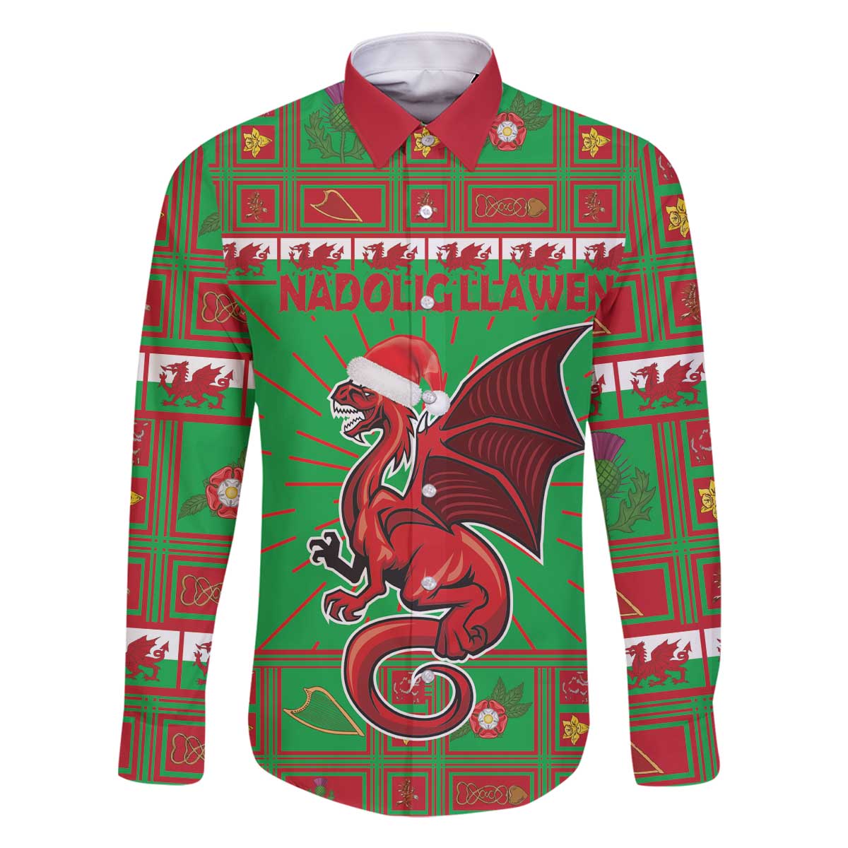 Personalized Wales Nadolig Llawen Family Matching Off The Shoulder Long Sleeve Dress and Hawaiian Shirt Welsh Dragon Mascot - Merry Xmas - Wonder Print Shop