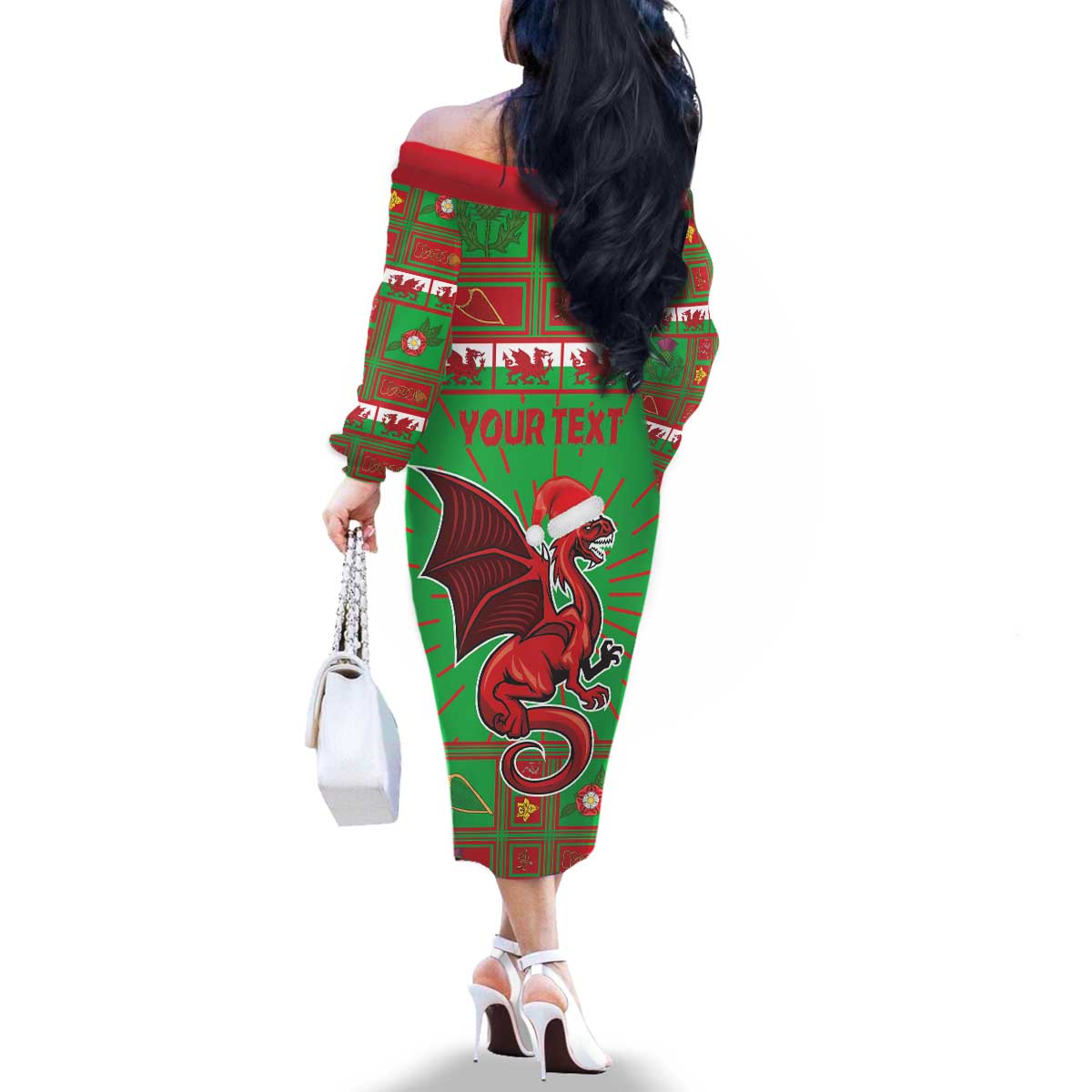 Personalized Wales Nadolig Llawen Family Matching Off The Shoulder Long Sleeve Dress and Hawaiian Shirt Welsh Dragon Mascot - Merry Xmas - Wonder Print Shop