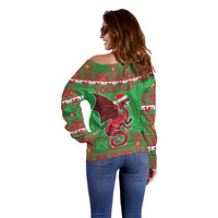 Personalized Wales Nadolig Llawen Off Shoulder Sweater Welsh Dragon Mascot - Merry Xmas - Wonder Print Shop