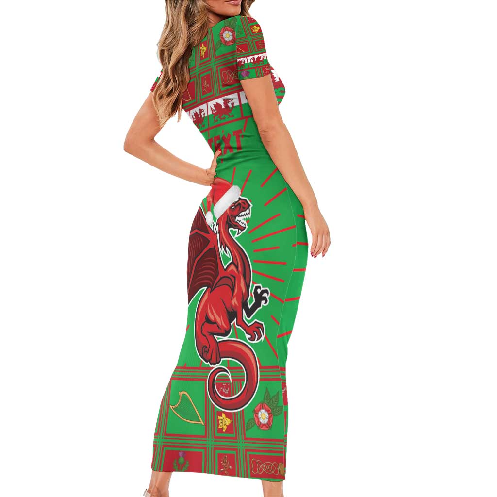 Personalized Wales Nadolig Llawen Short Sleeve Bodycon Dress Welsh Dragon Mascot - Merry Xmas - Wonder Print Shop