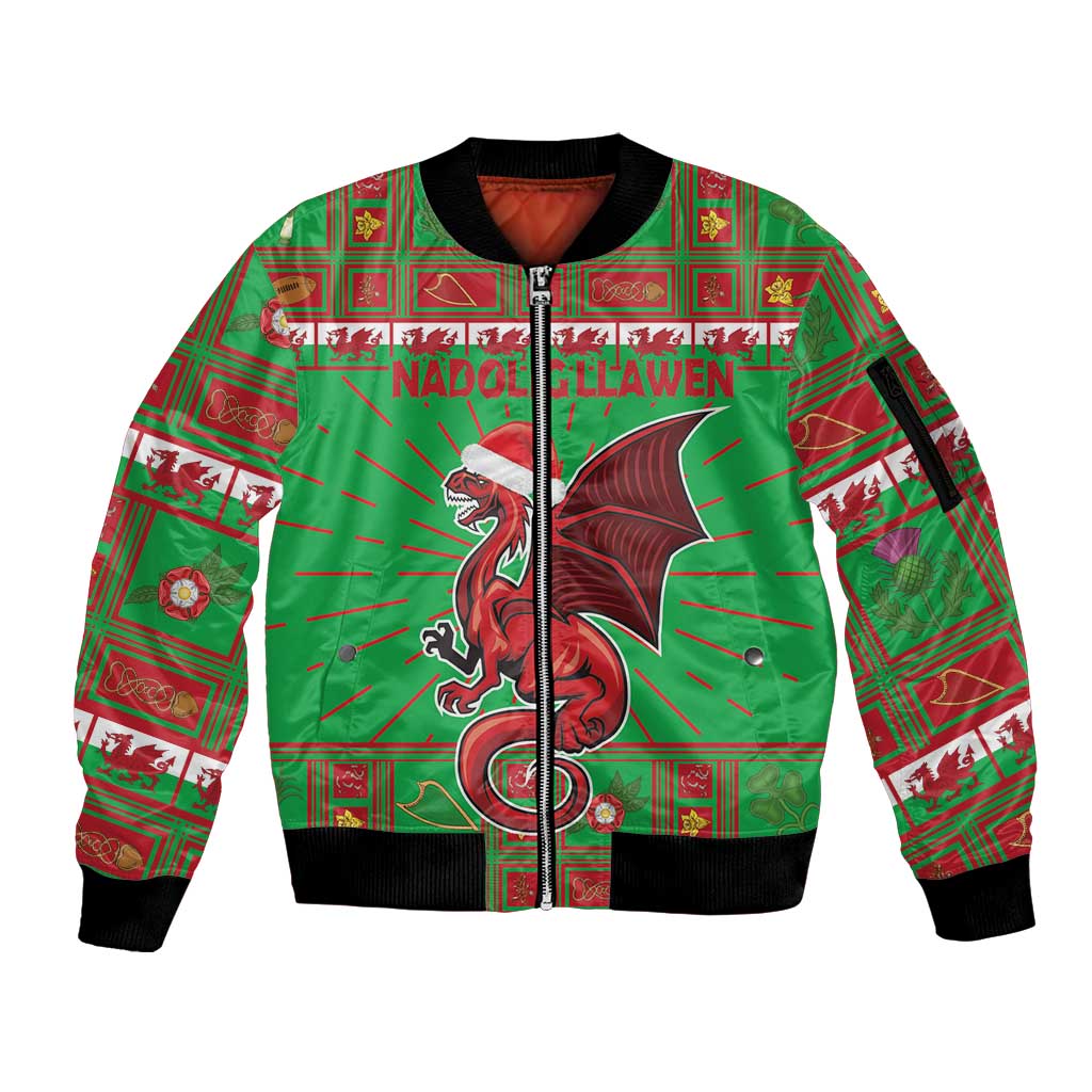 Personalized Wales Nadolig Llawen Sleeve Zip Bomber Jacket Welsh Dragon Mascot - Merry Xmas - Wonder Print Shop