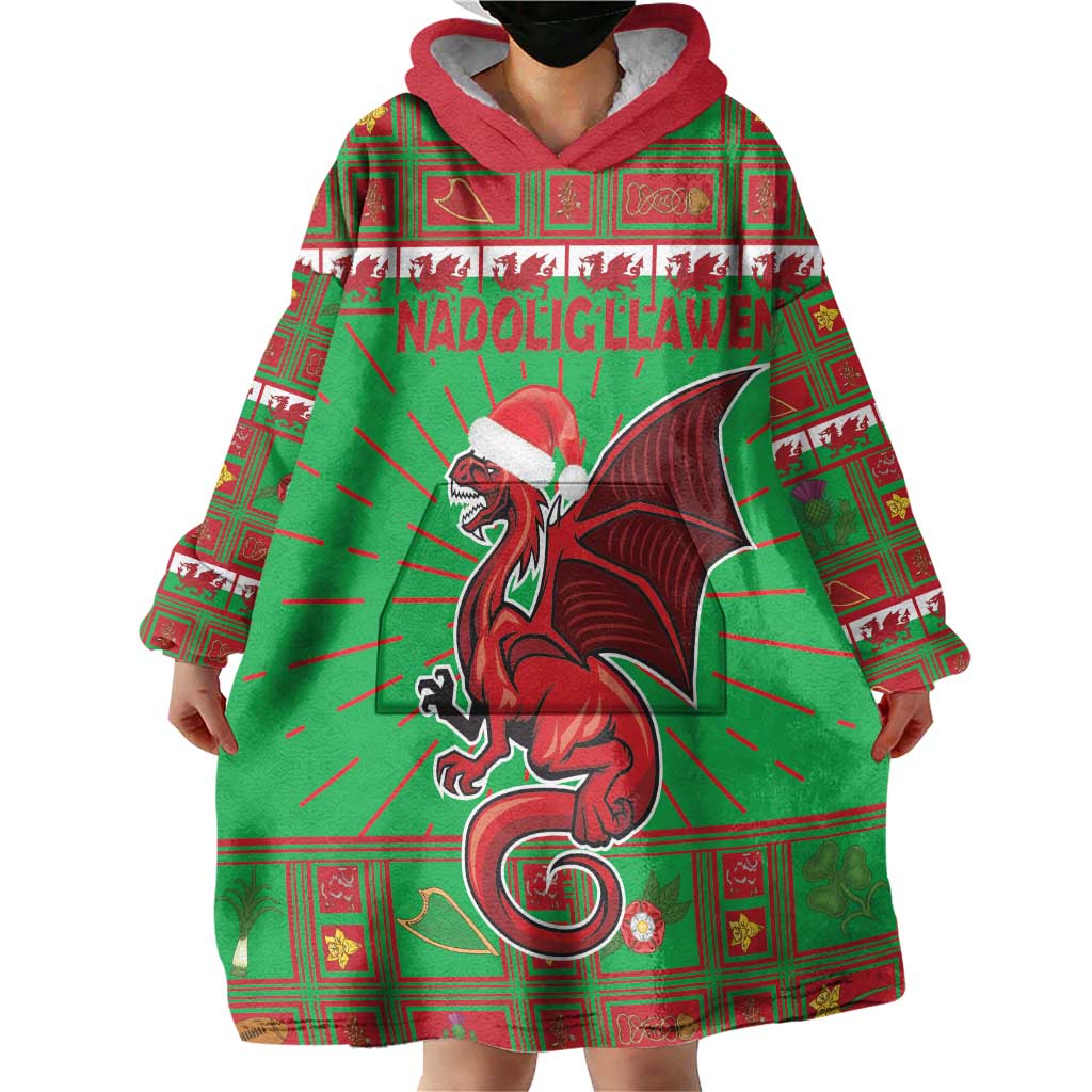 Personalized Wales Nadolig Llawen Wearable Blanket Hoodie Welsh Dragon Mascot - Merry Xmas - Wonder Print Shop