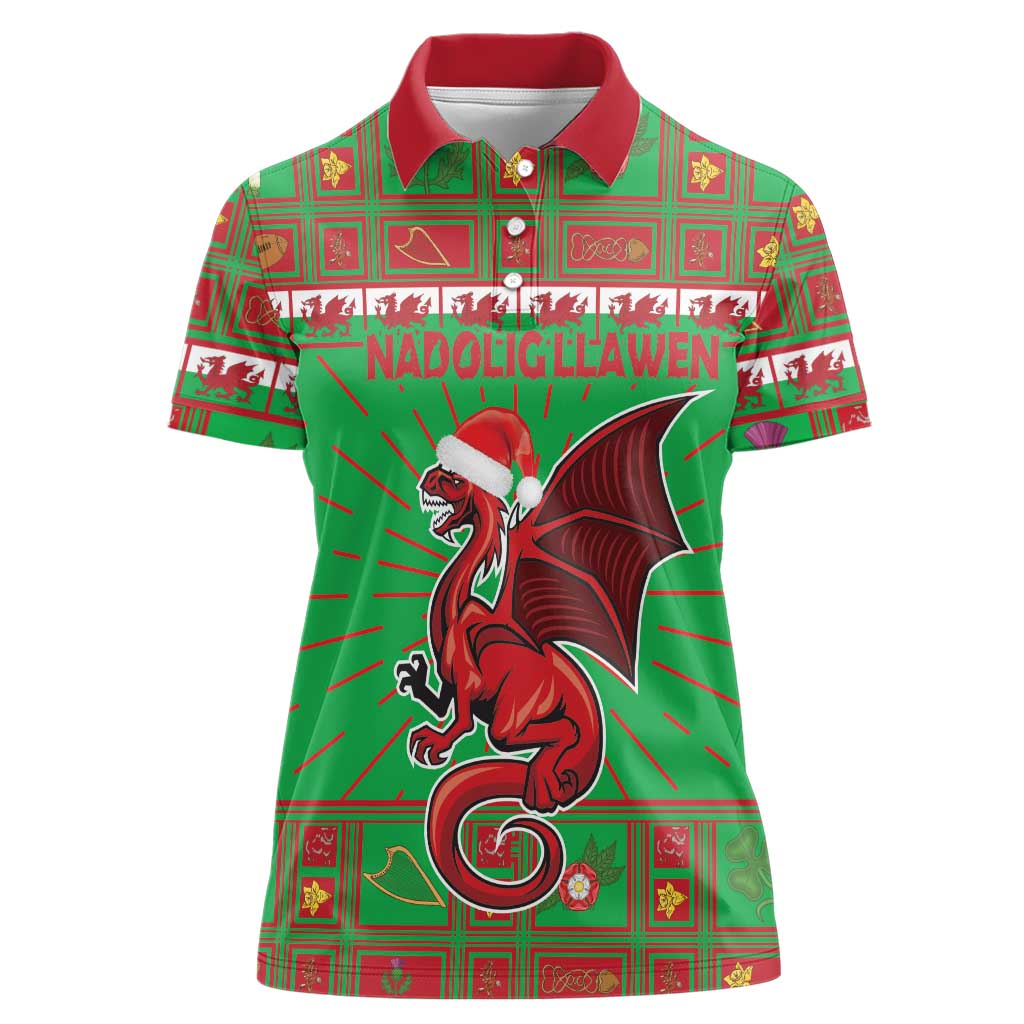 Personalized Wales Nadolig Llawen Women Polo Shirt Welsh Dragon Mascot - Merry Xmas - Wonder Print Shop