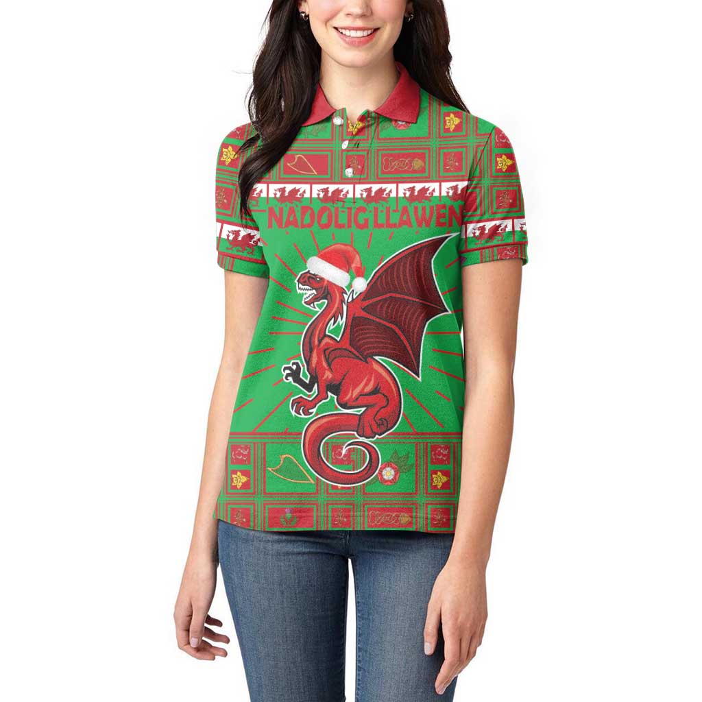 Personalized Wales Nadolig Llawen Women Polo Shirt Welsh Dragon Mascot - Merry Xmas - Wonder Print Shop