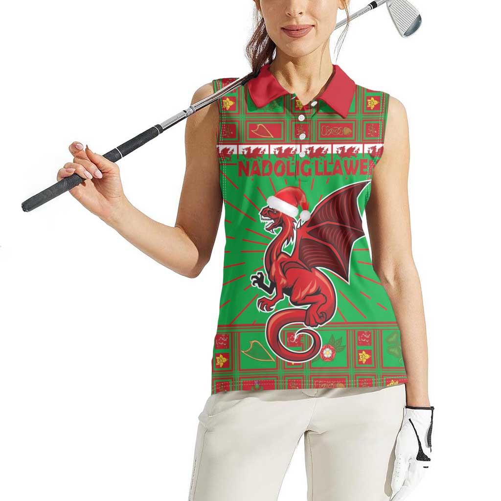 Personalized Wales Nadolig Llawen Women Sleeveless Polo Shirt Welsh Dragon Mascot - Merry Xmas - Wonder Print Shop