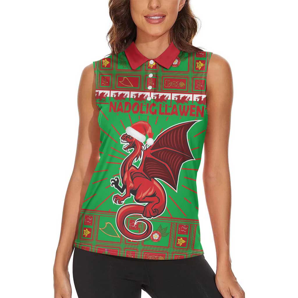 Personalized Wales Nadolig Llawen Women Sleeveless Polo Shirt Welsh Dragon Mascot - Merry Xmas - Wonder Print Shop