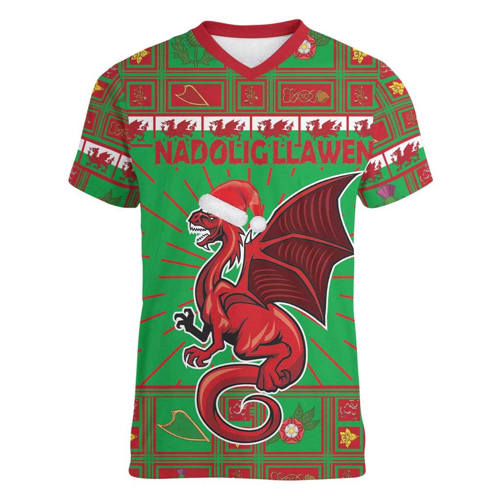 Personalized Wales Nadolig Llawen Women V-Neck T-Shirt Welsh Dragon Mascot - Merry Xmas - Wonder Print Shop