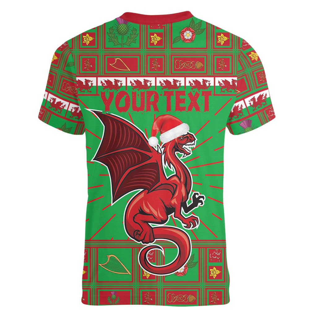 Personalized Wales Nadolig Llawen Women V-Neck T-Shirt Welsh Dragon Mascot - Merry Xmas - Wonder Print Shop