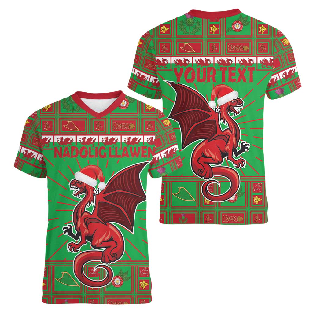 Personalized Wales Nadolig Llawen Women V-Neck T-Shirt Welsh Dragon Mascot - Merry Xmas - Wonder Print Shop
