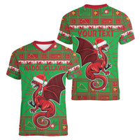 Personalized Wales Nadolig Llawen Women V-Neck T-Shirt Welsh Dragon Mascot - Merry Xmas - Wonder Print Shop