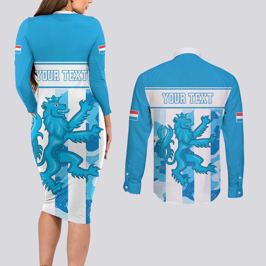 Personalized Luxembourg Couples Matching Long Sleeve Bodycon Dress and Long Sleeve Button Shirt Roude Leiw Grunge Style - Wonder Print Shop
