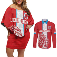Custom Luxembourg Football Couples Matching Off Shoulder Short Dress and Long Sleeve Button Shirt Les Lions Rouges - Wonder Print Shop
