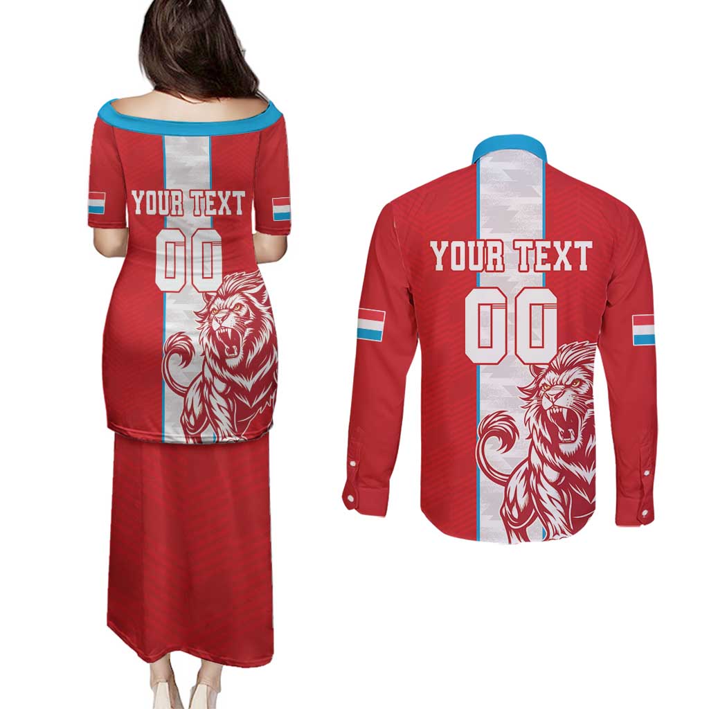 Custom Luxembourg Football Couples Matching Puletasi and Long Sleeve Button Shirt Les Lions Rouges - Wonder Print Shop