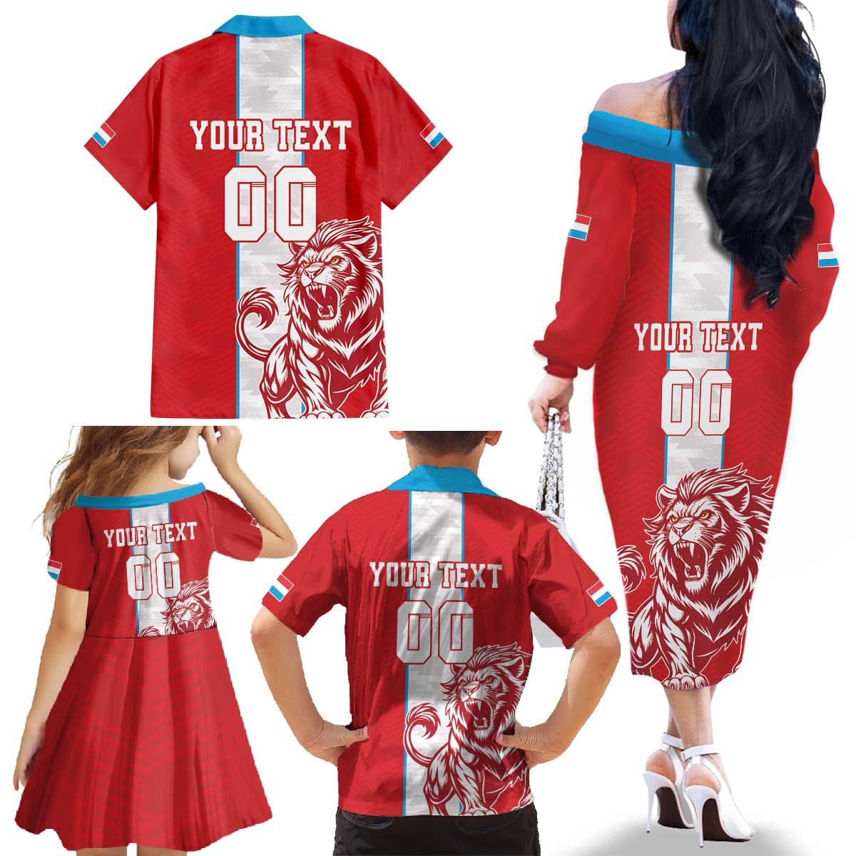 Custom Luxembourg Football Family Matching Off The Shoulder Long Sleeve Dress and Hawaiian Shirt Les Lions Rouges - Wonder Print Shop