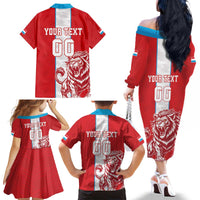 Custom Luxembourg Football Family Matching Off The Shoulder Long Sleeve Dress and Hawaiian Shirt Les Lions Rouges - Wonder Print Shop