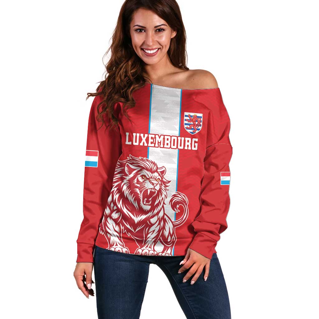 Custom Luxembourg Football Off Shoulder Sweater Les Lions Rouges - Wonder Print Shop