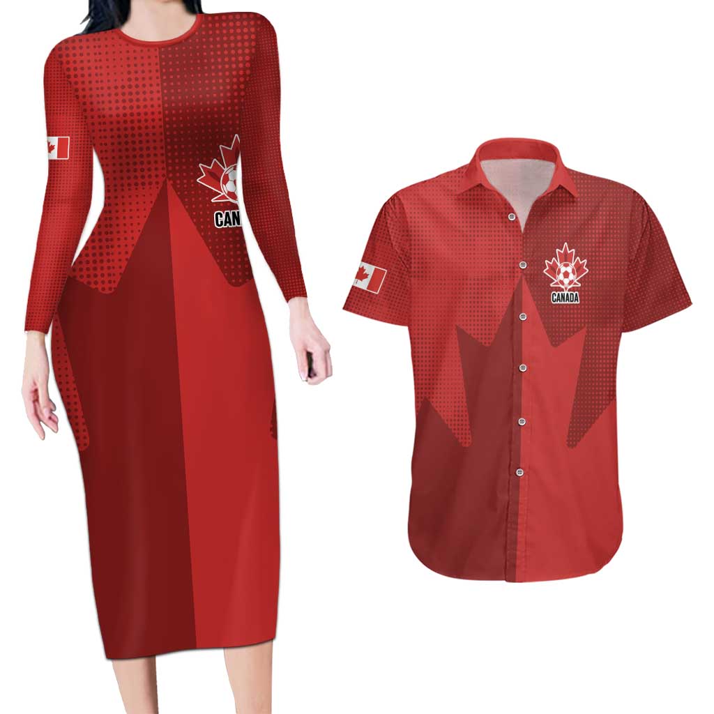 Canada Soccer Maple Leaf Custom Couples Matching Long Sleeve Bodycon Dress and Hawaiian Shirt Sporty Style - Wonder Print Shop