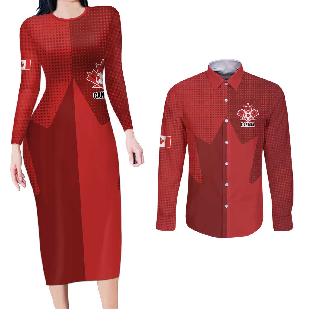 Canada Soccer Maple Leaf Custom Couples Matching Long Sleeve Bodycon Dress and Long Sleeve Button Shirt Sporty Style - Wonder Print Shop