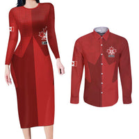 Canada Soccer Maple Leaf Custom Couples Matching Long Sleeve Bodycon Dress and Long Sleeve Button Shirt Sporty Style - Wonder Print Shop