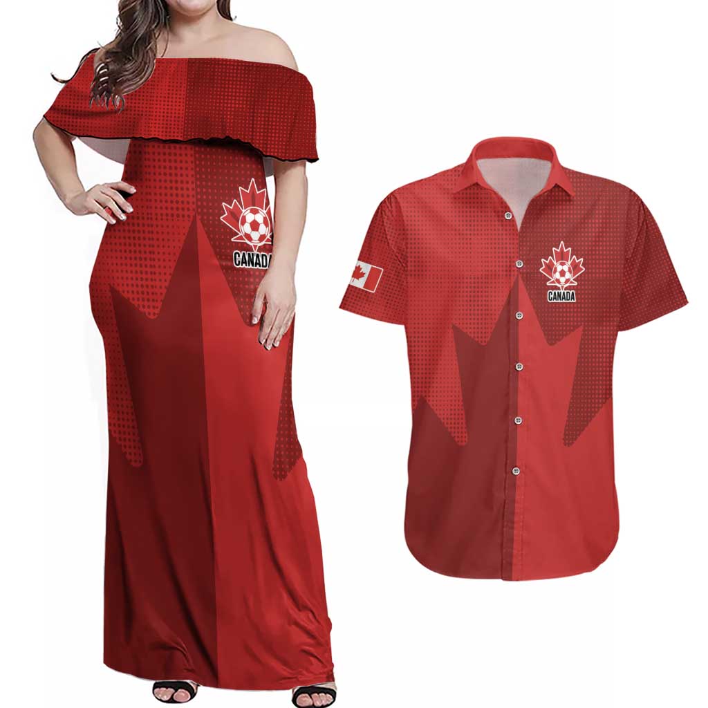 Canada Soccer Maple Leaf Custom Couples Matching Off Shoulder Maxi Dress and Hawaiian Shirt Sporty Style - Wonder Print Shop